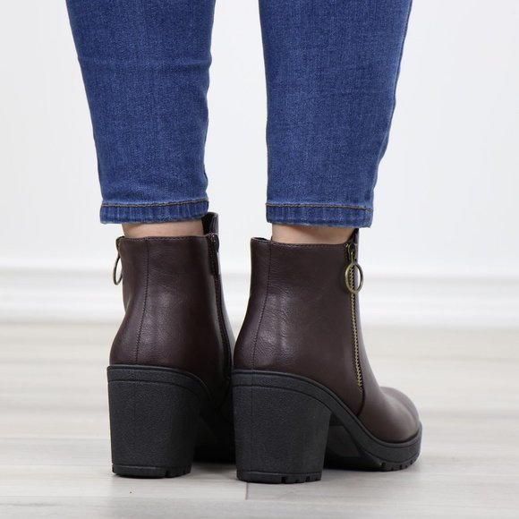 Brown Synthetic Leather Chunky Lug Block Heel Round Toe Ankle Boots - Picture 5 of 11